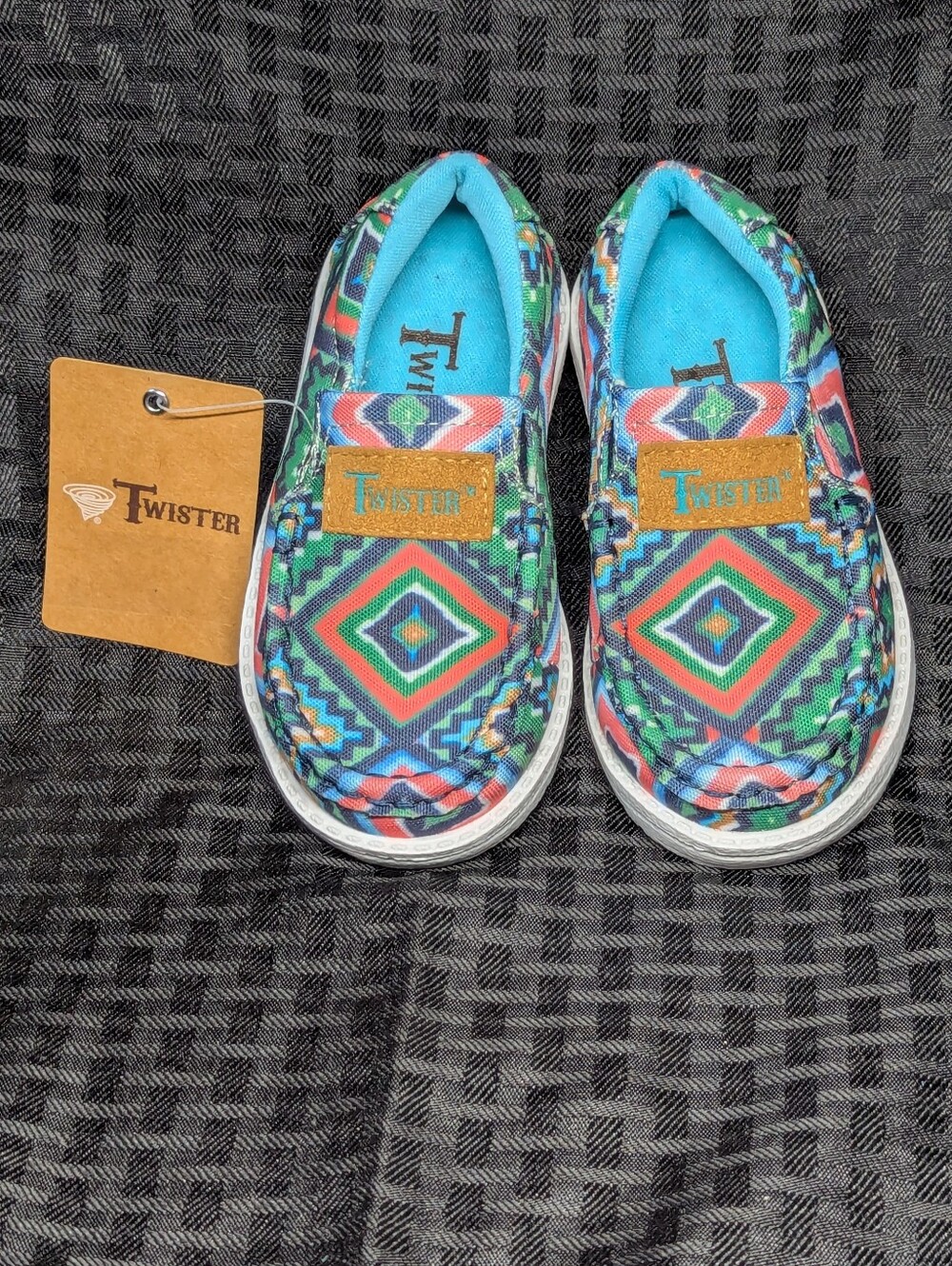 Teal, Green Southwestern Print Twister Kids Isla Slip-On Sneakers.